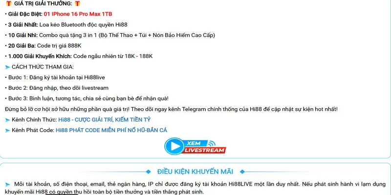 Xem livestream thứ 5 hàng tuần có cơ hội nhận ngay Iphone 16 Pro Max